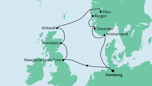 Routenverlauf für England, Schottland & Norwegen mit AIDAsol am 12.09.21 Routenverlauf für England, Schottland & Norwegen mit AIDAsol am 12.09.21