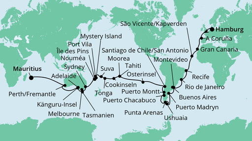 Routenverlauf für Von Hamburg nach Mauritius mit AIDAsol am 27.10.23 Routenverlauf für Von Hamburg nach Mauritius mit AIDAsol am 27.10.23