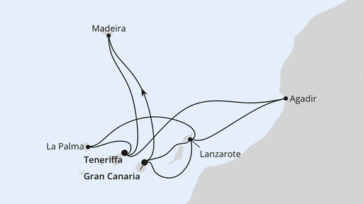 Routenverlauf für Kanaren, Madeira & Marokko mit AIDAstella am 31.12.23 Routenverlauf für Kanaren, Madeira & Marokko mit AIDAstella am 31.12.23